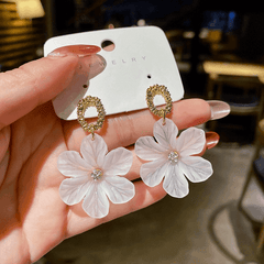 Simple Metal White Flower with zircon Drop Korean Earrings for Women
