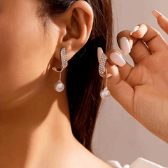 Korean Style Gold Plated Pearl Drop Earrings Trendy S925 Silver Needle Pearl Dangle Geometric Rhinestone Long Earring