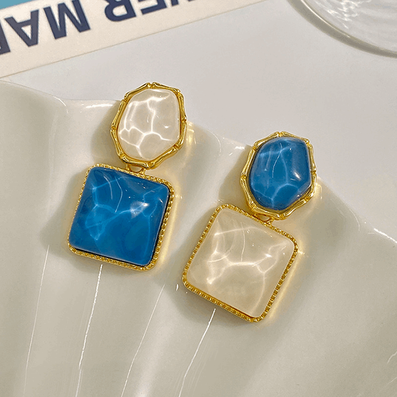 Korean Blue-White Assymetrical Luxury Square Resin Earrings Water Wave Pattern Drop Earrings