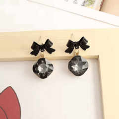 Korean Style Black Bowknot with Big Rhinestone Drop Korean Earring for Women