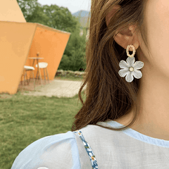 Simple Metal White Flower with zircon Drop Korean Earrings for Women
