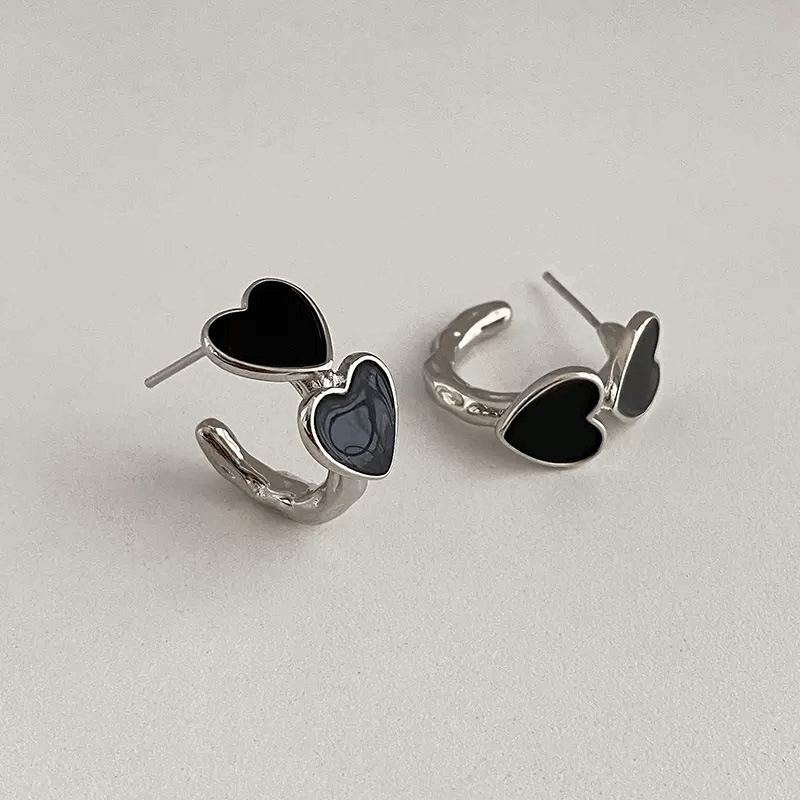 Korean Style Black Enamel Twin Heart with Silver Plating Stud Ear Clip Korean Earrings