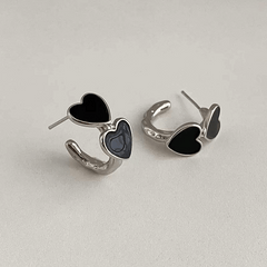 Korean Style Black Enamel Twin Heart with Silver Plating Stud Ear Clip Korean Earrings