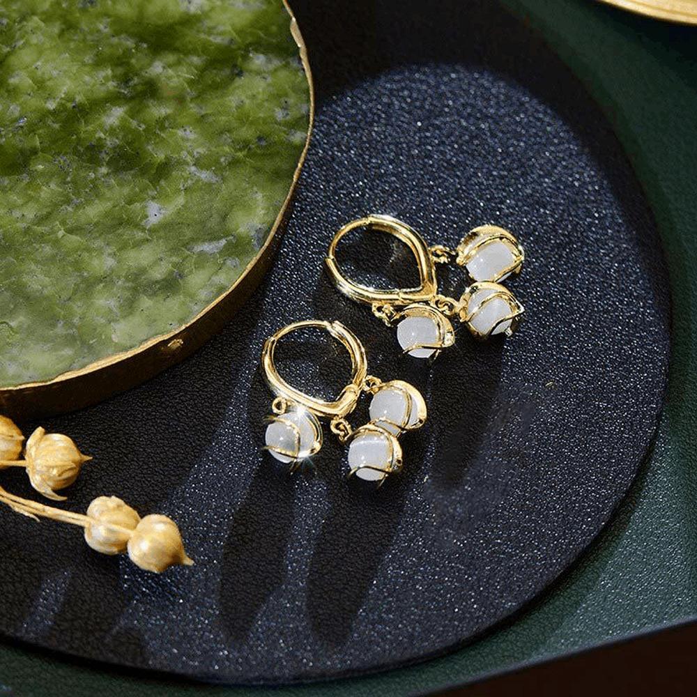 Minimalist Gold Fancy Opal Jade Crystal Ball Hoop Lock Tassel Drop Korean Earrings
