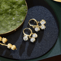 Minimalist Gold Fancy Opal Jade Crystal Ball Hoop Lock Tassel Drop Korean Earrings