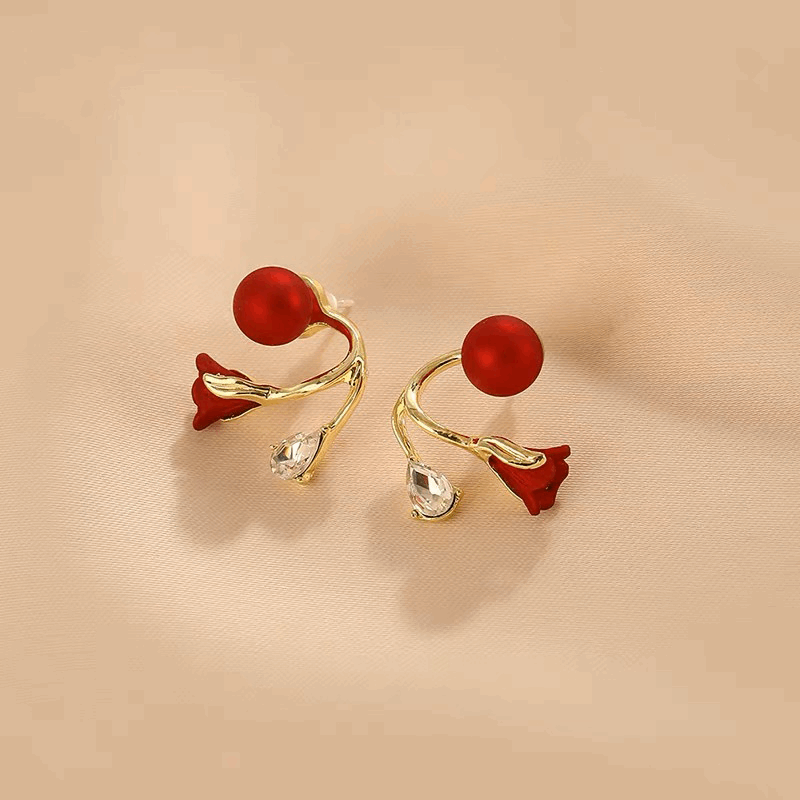 Fashionable Pair of Red Color Tulip Flower with a Transparent Pearl Stud Korean Earrings