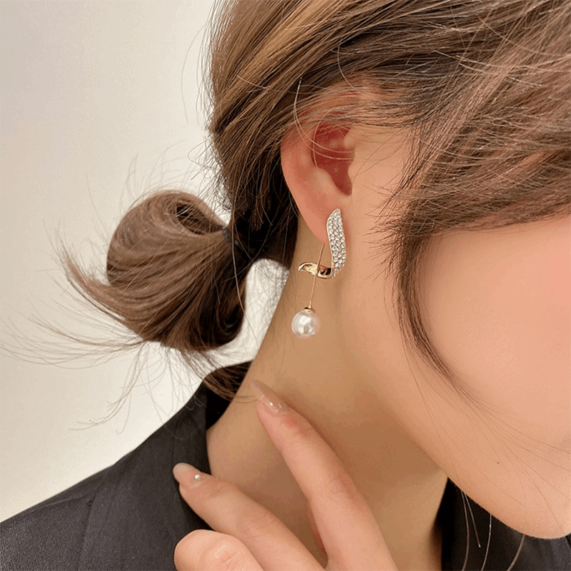 Korean Style Gold Plated Pearl Drop Earrings Trendy S925 Silver Needle Pearl Dangle Geometric Rhinestone Long Earring