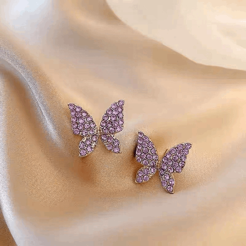 Vintage Purple Butterfly Rhinestone Pendant with Pearl Long Chain Drop Korean Earrings for Girls