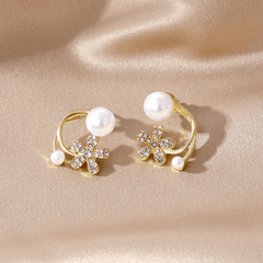 Luxury Rhinestone Flower with White Pearl Elegant Stud Korean Earrings for Women