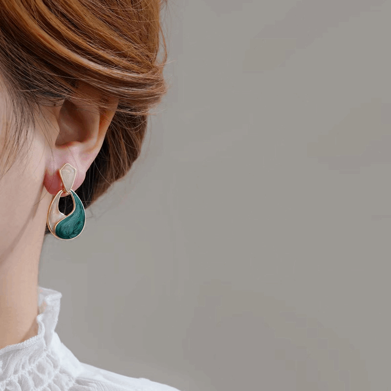 French Gold Plated Blue Enamel Geometric Water Drop Oval Shaped Drop Korean Earrings