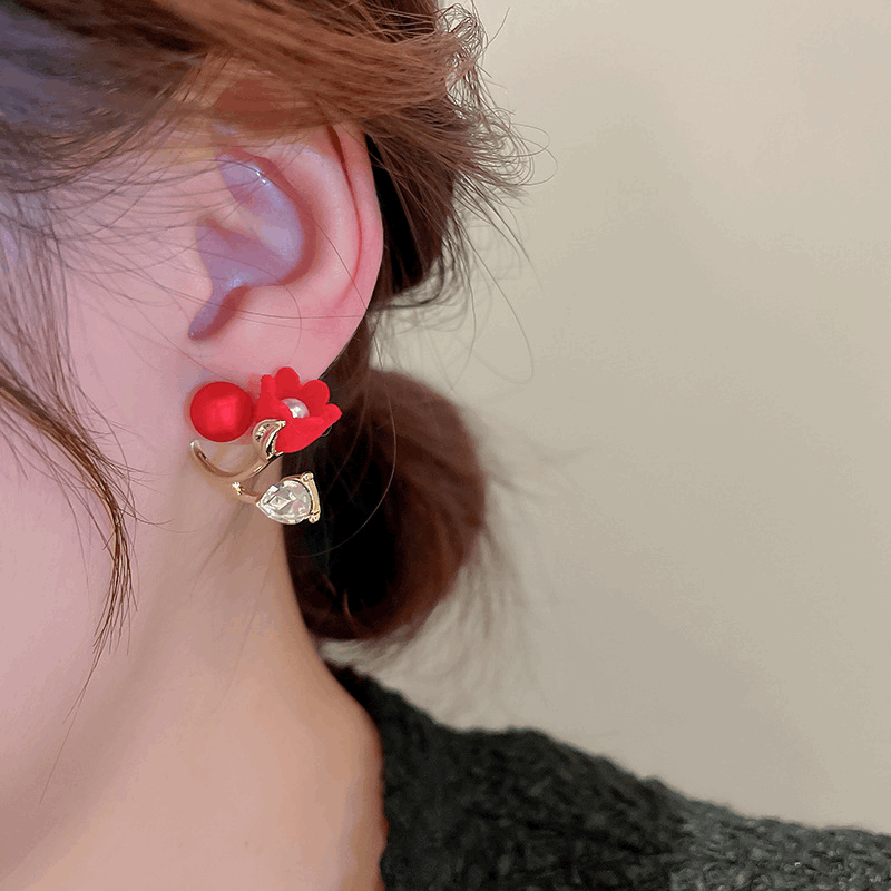 Fashionable Pair of Red Color Tulip Flower with a Transparent Pearl Stud Korean Earrings