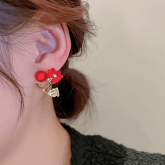 Fashionable Pair of Red Color Tulip Flower with a Transparent Pearl Stud Korean Earrings