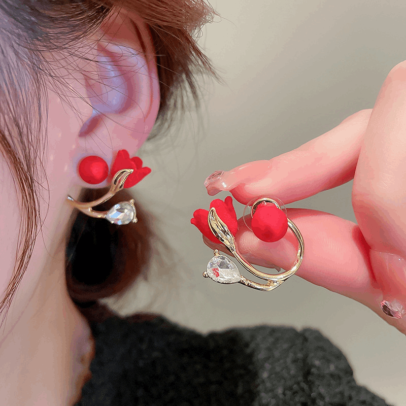 Fashionable Pair of Red Color Tulip Flower with a Transparent Pearl Stud Korean Earrings