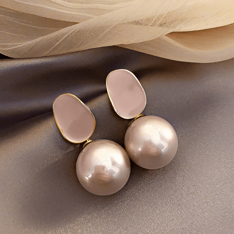 French Style Pink Big Pearl with Elegant Enamel Drop Pearl Korean Earrings for Women