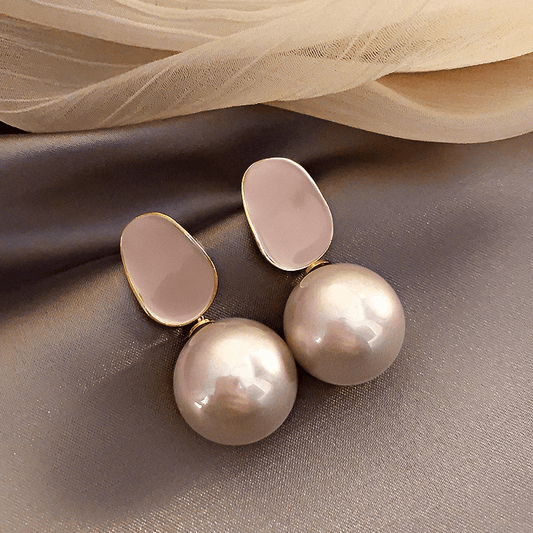French Style Pink Big Pearl with Elegant Enamel Drop Pearl Korean Earrings for Women
