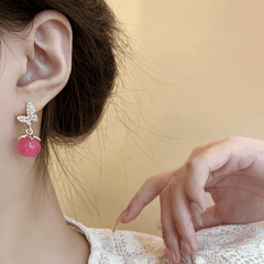 Beautiful Red Pearl Full of Diamonds Butterfly Drop Earrings New Korean Style Earrings for Women