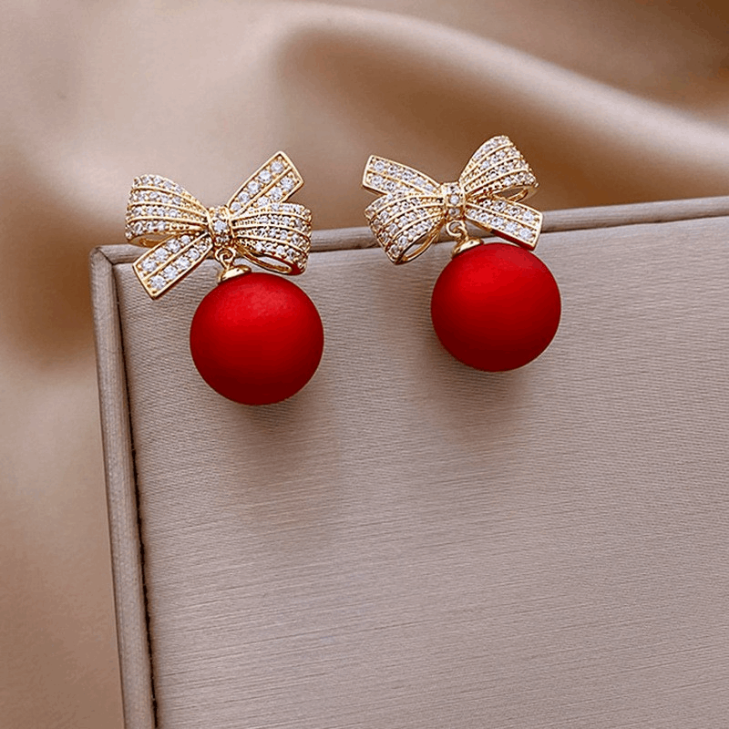 Latest Gold Plated Crystal Diamonds Red Bow Pearl Drop Korean Earrings for Women