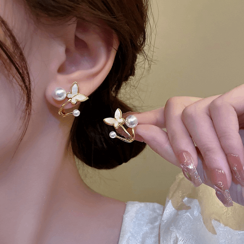 Korean Small White butterfly with Pearl Elegant Stud Fashion Earrings