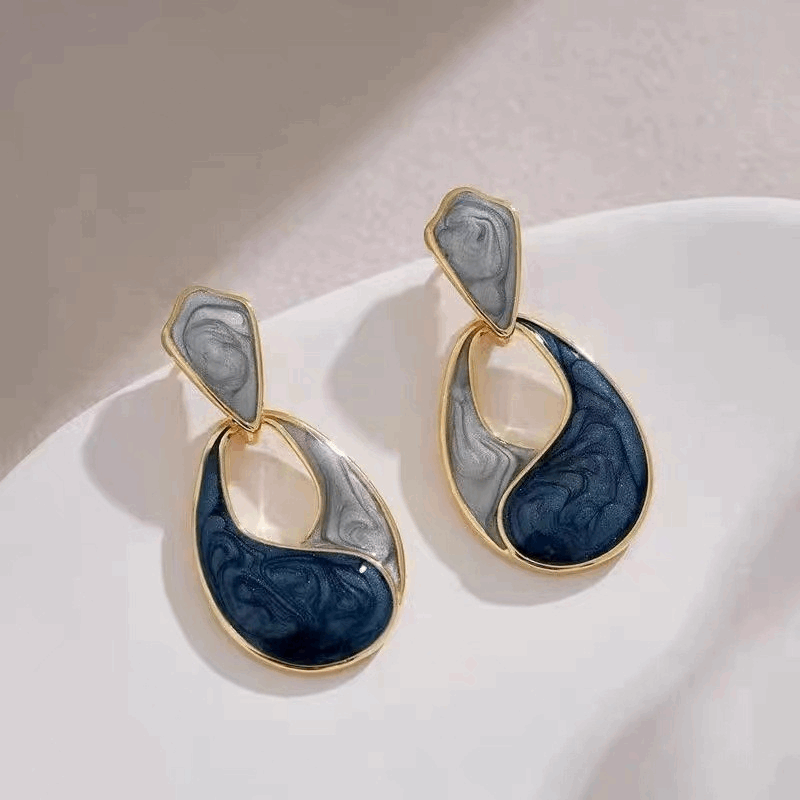 French Gold Plated Blue Enamel Geometric Water Drop Oval Shaped Drop Korean Earrings
