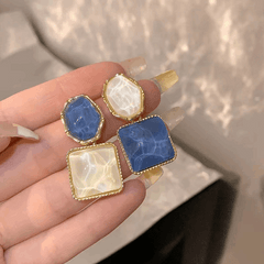 Korean Blue-White Assymetrical Luxury Square Resin Earrings Water Wave Pattern Drop Earrings