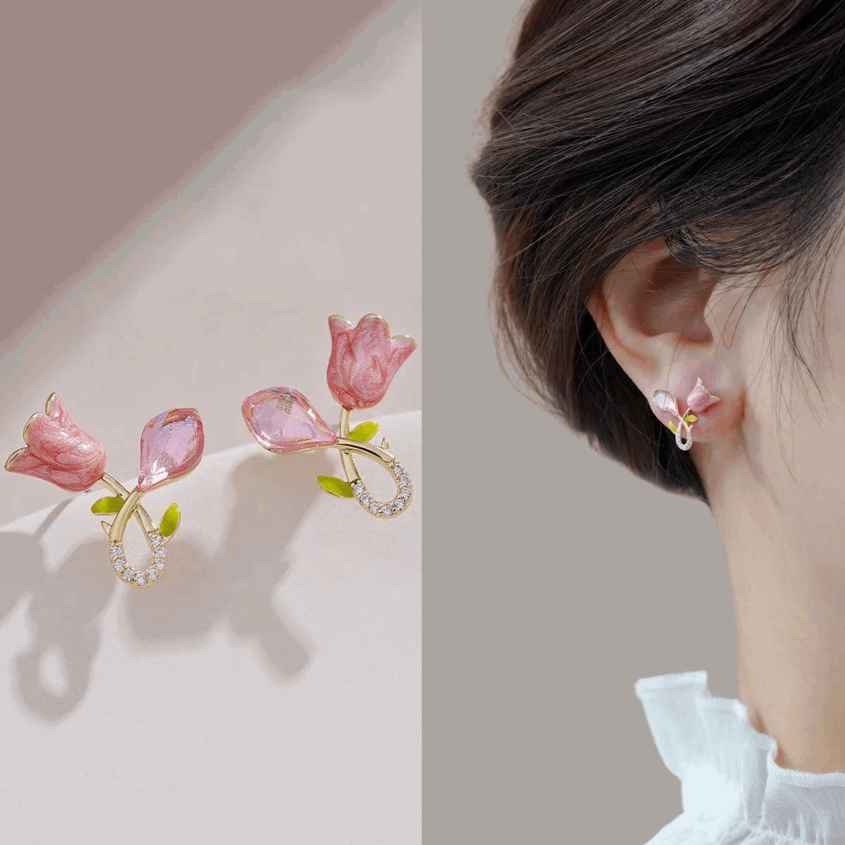Latest Fashion Pink Tulip Flower stud latest trendy Korean Earrings for Girls