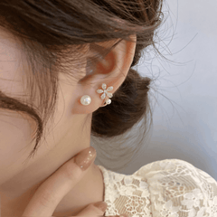 Luxury Rhinestone Flower with White Pearl Elegant Stud Korean Earrings for Women