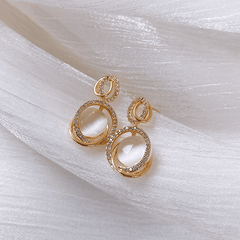 French Opal Stone with Diamond Embellishments and Transparent Crystal Drop Korean Earrings