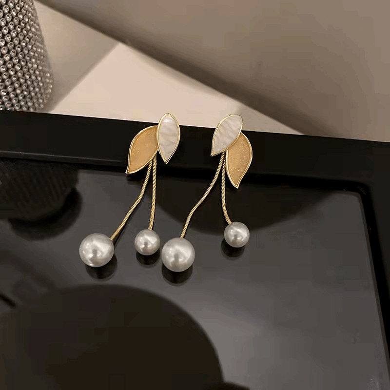 Latest Long Two Leaf Long Beige Color Tassel Dangle Korean Earrings Stud and Drop Both Pattern