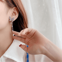 Vintage Purple Butterfly Rhinestone Pendant with Pearl Long Chain Drop Korean Earrings for Girls