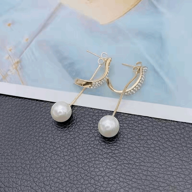 Korean Style Gold Plated Pearl Drop Earrings Trendy S925 Silver Needle Pearl Dangle Geometric Rhinestone Long Earring