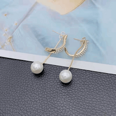 Korean Style Gold Plated Pearl Drop Earrings Trendy S925 Silver Needle Pearl Dangle Geometric Rhinestone Long Earring