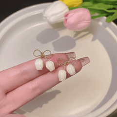 Retro Luxury White Tulip Flower Bowknot Fashion Latest Korean Earring