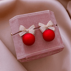 Latest Gold Plated Crystal Diamonds Red Bow Pearl Drop Korean Earrings for Women