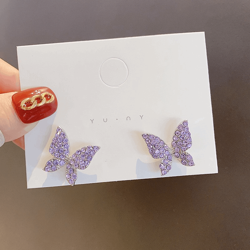 Vintage Purple Butterfly Rhinestone Pendant with Pearl Long Chain Drop Korean Earrings for Girls