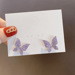 Vintage Purple Butterfly Rhinestone Pendant with Pearl Long Chain Drop Korean Earrings for Girls