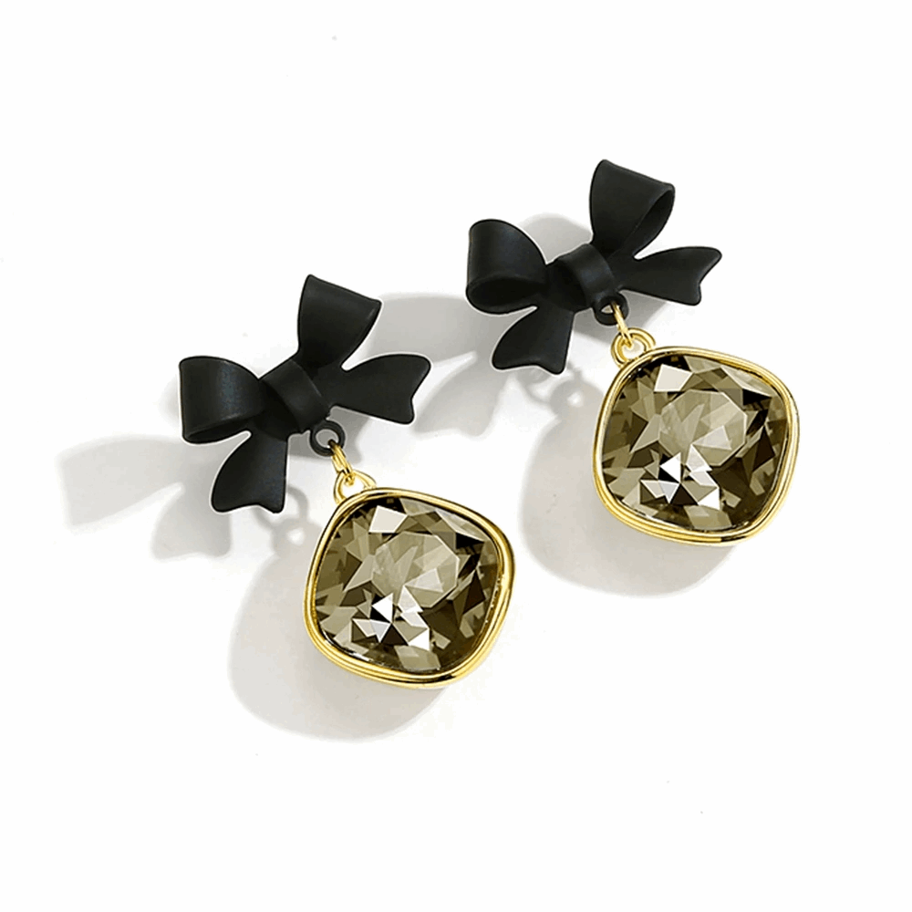 Korean Style Black Bowknot with Big Rhinestone Drop Korean Earring for Women