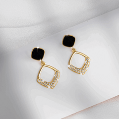 Square Stud Earrings Black Enamel Gold Plated Hollow Pendant with Rhiestone Fashion Korean earring