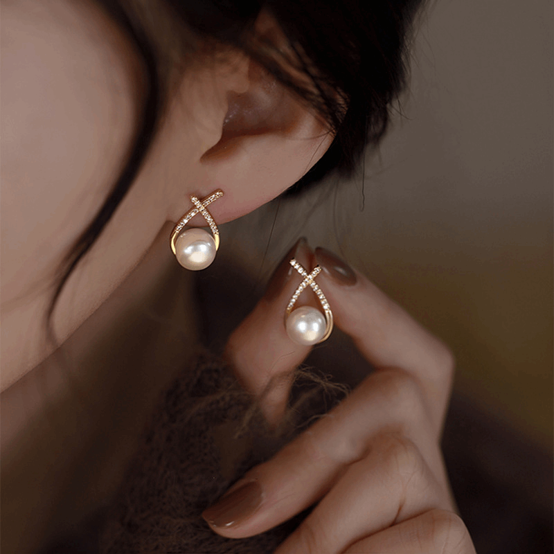 Classic Small Fragrant Wind Pearl with Cross Zircon Geometry Pearl Korean Earrings