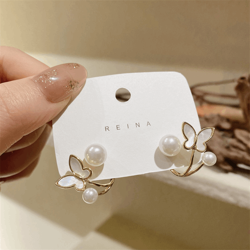Korean Small White butterfly with Pearl Elegant Stud Fashion Earrings