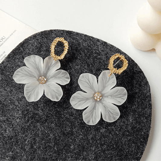 Simple Metal White Flower with zircon Drop Korean Earrings for Women