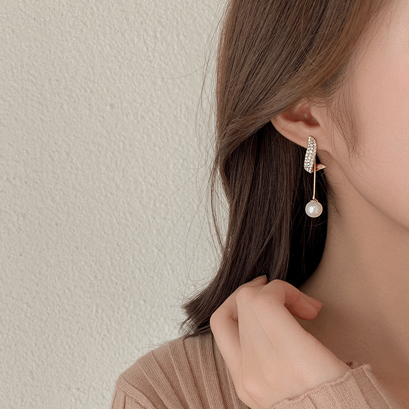 Korean Style Gold Plated Pearl Drop Earrings Trendy S925 Silver Needle Pearl Dangle Geometric Rhinestone Long Earring