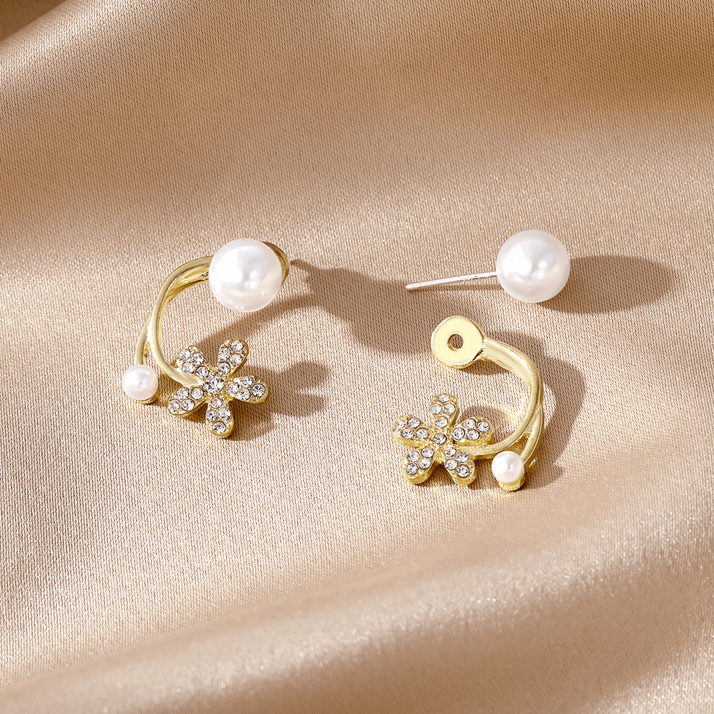 Luxury Rhinestone Flower with White Pearl Elegant Stud Korean Earrings for Women