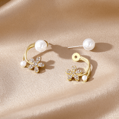 Luxury Rhinestone Flower with White Pearl Elegant Stud Korean Earrings for Women