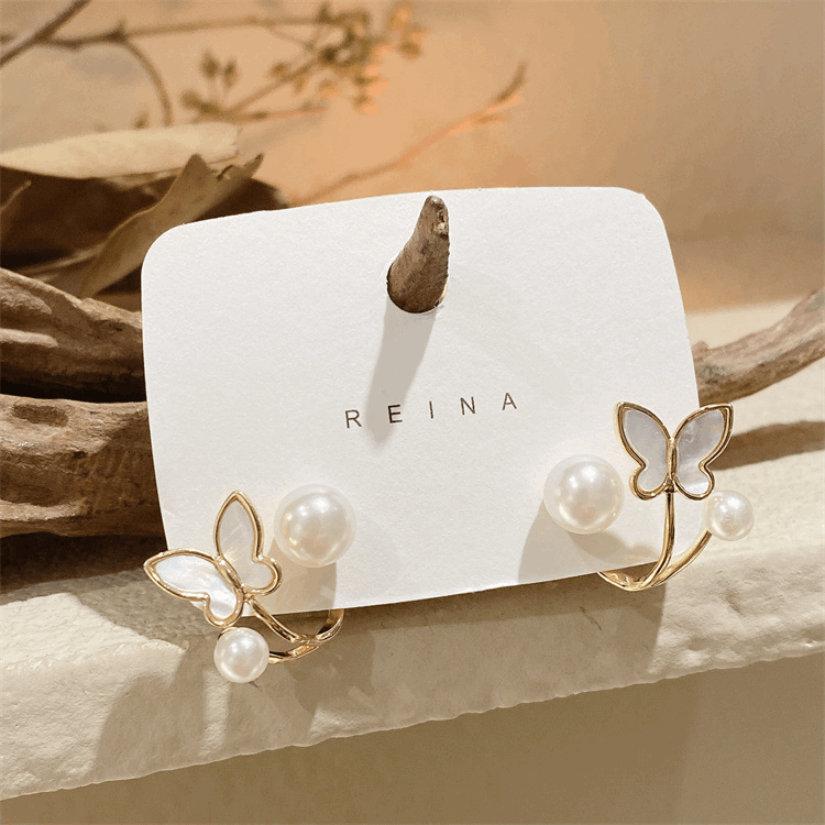 Korean Small White butterfly with Pearl Elegant Stud Fashion Earrings