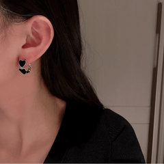 Korean Style Black Enamel Twin Heart with Silver Plating Stud Ear Clip Korean Earrings