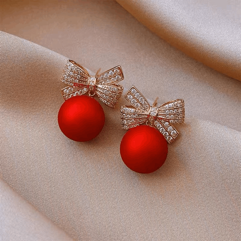 Latest Gold Plated Crystal Diamonds Red Bow Pearl Drop Korean Earrings for Women