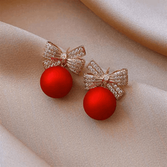Latest Gold Plated Crystal Diamonds Red Bow Pearl Drop Korean Earrings for Women