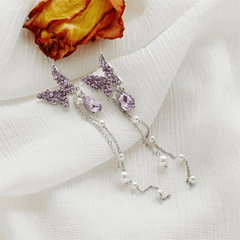 Vintage Purple Butterfly Rhinestone Pendant with Pearl Long Chain Drop Korean Earrings for Girls