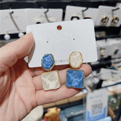 Korean Blue-White Assymetrical Luxury Square Resin Earrings Water Wave Pattern Drop Earrings
