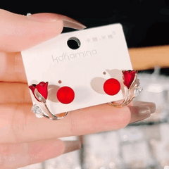 Fashionable Pair of Red Color Tulip Flower with a Transparent Pearl Stud Korean Earrings